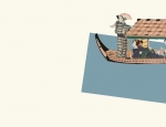 Kolaż złożony z prostego niebieskiego czworokąta i wycinka tradycyjnego japońskiego drzeworytu. Drzeworyt przedstawia drewnianą łódź z trzema osobami, czyli mężczyzną i dwiema kobietami na pokładzie, pogrążonych w rozmowie przy kieliszku sake.